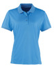 A blue women's polo shirt with a collared design, featuring buttons and short sleeves. It has a logo on it.