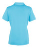 A women's short-sleeve polo shirt in light blue, featuring a collar and a logo on the back.
