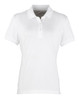 A white women's polo shirt with a classic collar and short sleeves, featuring a button placket and a logo.