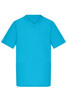 A turquoise men's tunic with a V-neck, short sleeves, and pockets, featuring a logo.