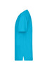 A side view of a turquoise tunic uniform featuring short sleeves and a pocket. It has a logo on it.