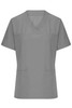 A grey ladies stretch casack with short sleeves and front pockets, featuring a logo.