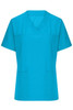 A vibrant turquoise ladies' stretch casack with short sleeves and two front pockets. It features a logo on the design.