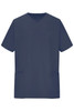 A navy blue men's stretch casack with a V-neck and two front pockets, featuring a logo.