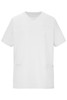 A white men's stretch casack with short sleeves and two front pockets, featuring a logo.