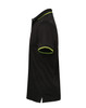 A black polo shirt with short sleeves and contrasting green trim, featuring a logo.
