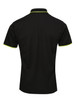 A black polo shirt featuring contrasting green trim and a logo on the back. Suitable for casual or sporty wear.