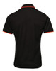 A black polo shirt featuring contrasting red piping and a collar, with a logo on the chest.