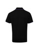 A black polo shirt with contrasting purple trim, featuring a collar and short sleeves. It has a logo on the front.
