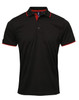 A black polo shirt with red accents and a logo on the chest area. Short sleeves and a classic collar design.