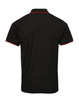 A black polo shirt with red trim and a logo on the chest, viewed from the back.