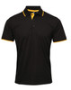 A black polo shirt with yellow collar and sleeve detailing. It features three buttons and has a logo.