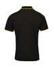 A black polo shirt featuring yellow collar and sleeve trim with a logo on the back.