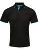 A black polo shirt with turquoise accents and a logo on the chest. Short sleeves and a classic collar design.