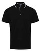 A black polo shirt featuring a collar and buttons, with contrasting white trim along the collar and sleeves.