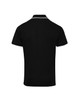 A black polo shirt featuring a contrasting collar, with a logo on the back.