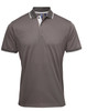 A grey polo shirt featuring a contrasting collar and sleeve trim, complete with a logo.