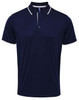 A navy polo shirt with contrasting white details and a logo. Short sleeves and a collar complete the design.