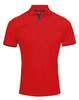 A red polo shirt with black detailing and a brand logo on the collar.