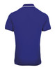 A back view of a blue polo shirt featuring contrasting trim and a logo.