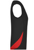 A sleeveless black tank top featuring a red accent, designed for women's running. It includes branding.