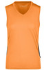 An orange ladies running tank with a v-neck design and side panels, featuring a logo.