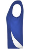 A sleeveless ladies running tank in blue with a white curved design and a logo on the side.