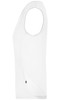 A white ladies running tank featuring a sleeveless design and a logo.
