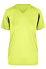 A fluorescent yellow and black ladies' T-shirt with a V-neck design and short sleeves. Features a logo.