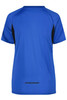 A blue T-shirt with black accents, featuring a logo and a relaxed fit design.