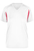 A women's T-shirt in white with red accents and a V-neck design. It features short sleeves and a logo.