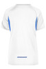 A T-shirt with short sleeves, featuring a white body and blue accents on the sides. It has a logo on the back.