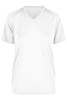 A Ladies T-shirt in white with a V-neck design and short sleeves. It features a logo.