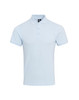 A light blue polo shirt featuring a collar and three buttons, with a logo on the chest area.