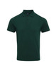 A dark green polo shirt with a three-button placket and a collar, featuring a logo.