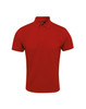 A red polo shirt with a classic collar and three-button placket, featuring a logo on the chest.