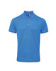 A blue polo shirt featuring a classic collar, short sleeves, and a logo on the chest.