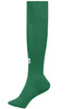 A green sports sock with a knee-high design and a logo on the side.