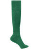 A pair of green knee-high sports socks with a ribbed design and a logo near the ankle.
