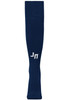 A pair of navy blue sports socks featuring a logo on one side.