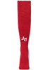 A pair of red sports socks featuring a logo.