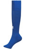 A pair of knee-high socks in vibrant blue with a logo on the side.