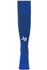 A blue sports sock with a fitted design and a logo near the top.