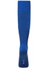 A single blue sports sock with a ribbed design and a logo at the ankle.