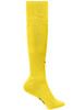 A pair of knee-high socks in bright yellow, featuring a logo on the side.