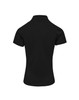 A black women's polo shirt with a classic pique texture and a collar. Features a branding logo on the back.