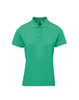 A green women's polo shirt with a collar and four buttons, featuring a logo.