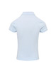 A light blue women's polo shirt with a collar and short sleeves, featuring a logo on the back.