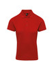 A red women's polo shirt with a classic collar and three-button placket, featuring a logo.