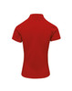 A red polo shirt featuring a collar and short sleeves, with a logo on the back.